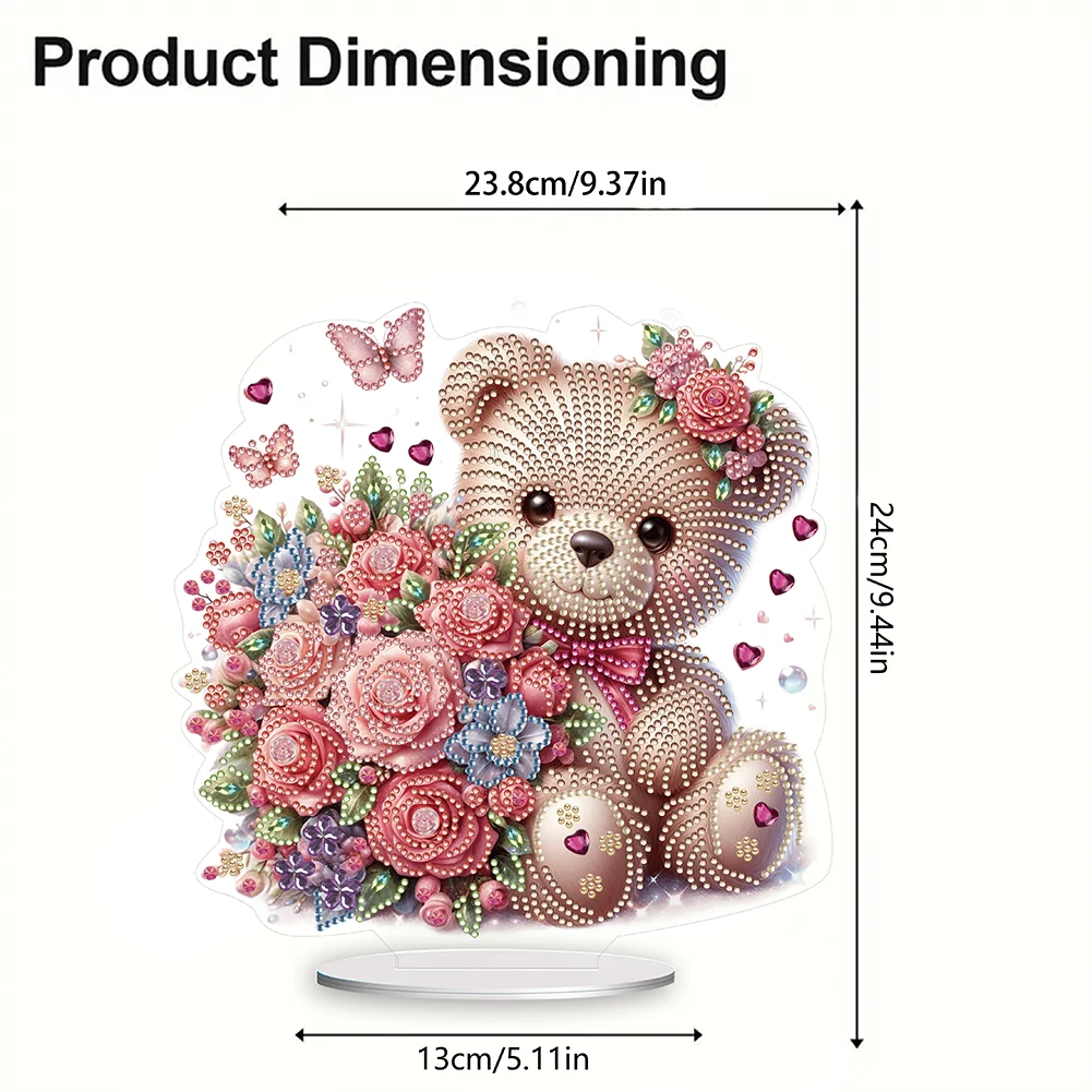 5D DIY Love Flower Bear Acrylic Single-Sided Diamond Painting Tabletop Ornament Kit for Office Desktop Decor