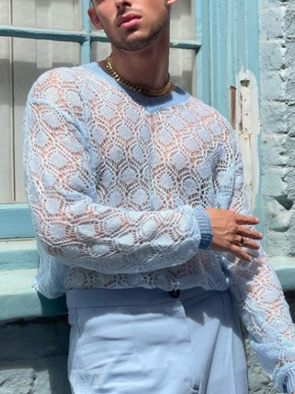 Aonga - Mens See-through Knitted Long-sleeved SweaterI aonga