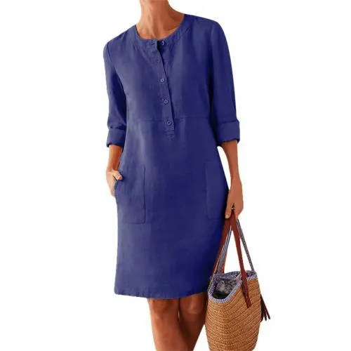 Plus Size 5XL Casual Solid Color Cotton Linen Women Long Sleeve Tunic Kaftan Dress length vestidos summer dresses