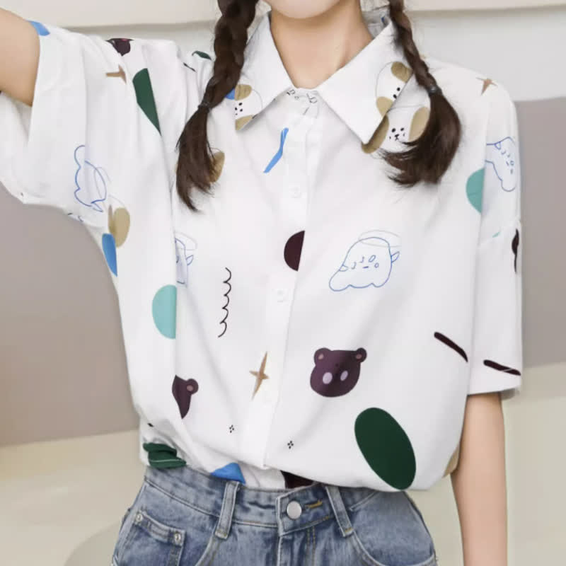 Cartoon Bear Print Lapel Casual T-Shirt