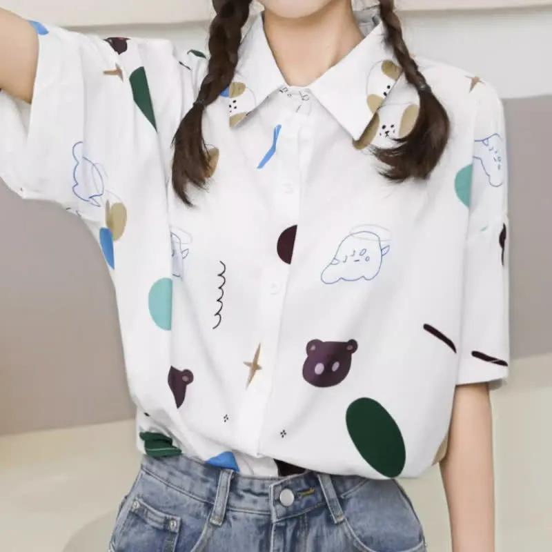 Cartoon Bear Print Lapel Casual T-Shirt