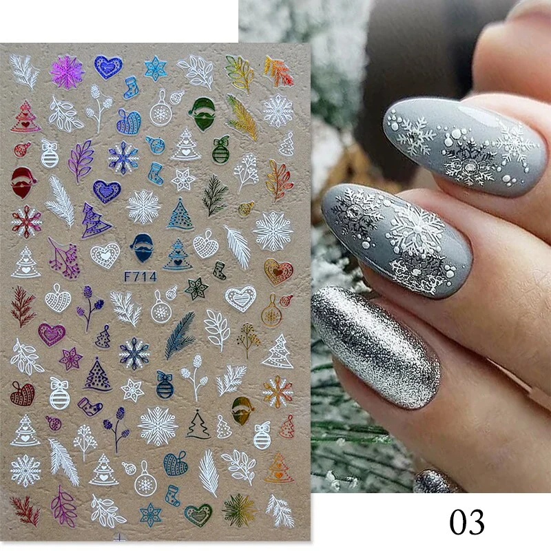 3D Christmas Nail Art Decoration Stickers Sparkly Gold White Colorful  Glitter Geometry Snowflake Winter Slider Nail Foils-Nail Inspo