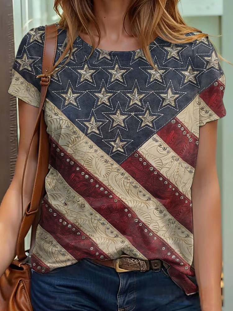 Women's Independence Day Flag Denim Blue Print T-shirt