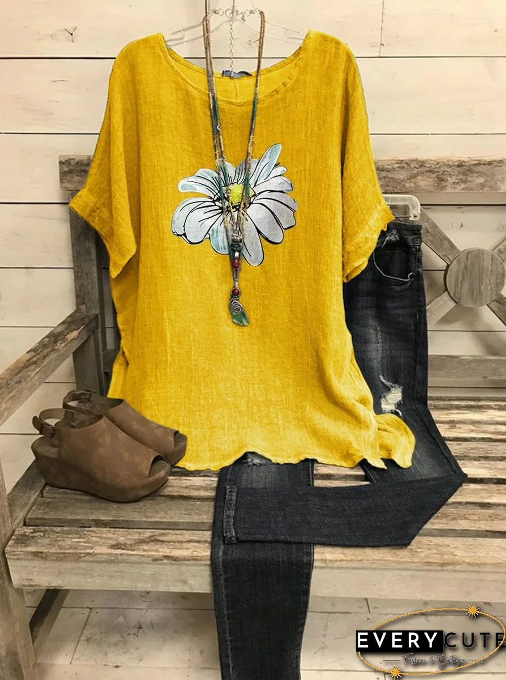 Summer casual retro small daisy printed short sleeve big round neck loose top