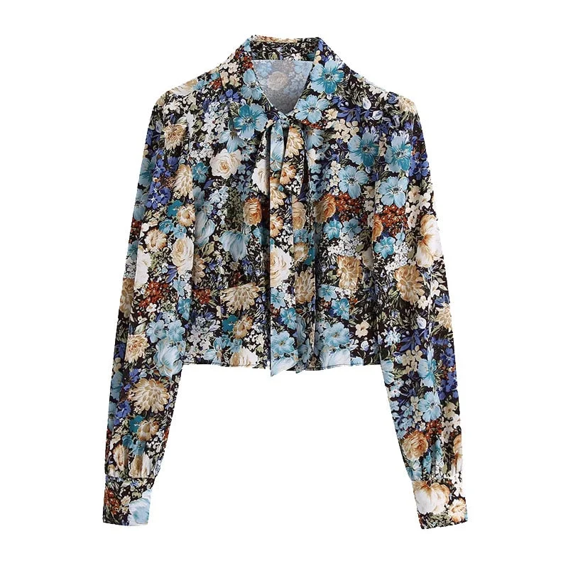 KPYTOMOA Women 2021 Fashion With Bow Tie Floral Print Cropped Blouses Vintage Long Sleeve Button-up Female Shirts Chic Tops