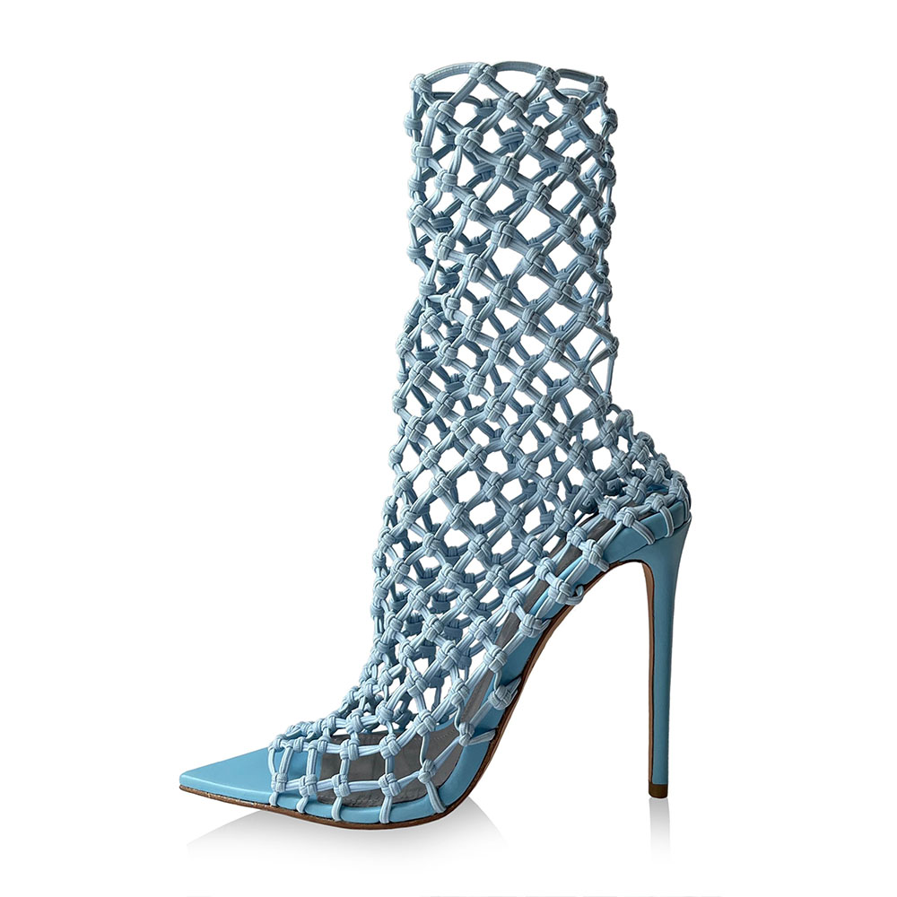Light Blue Stretch Net Pointed Toe Stiletto Heel Summer Ankle Boots