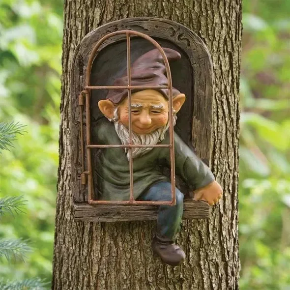 Mini Garden Crafts Decoration Gnome Leaving Window Whimsical Tree Sculpture Garden Decor
