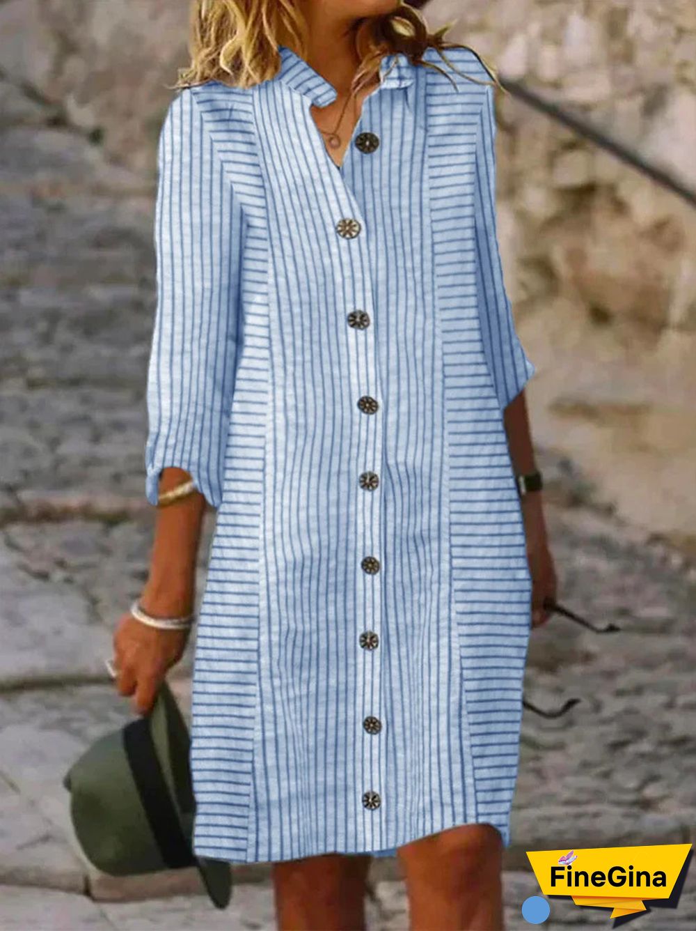 Women's Striped Solid Color V-Neck Long Sleeve Maxi Dress