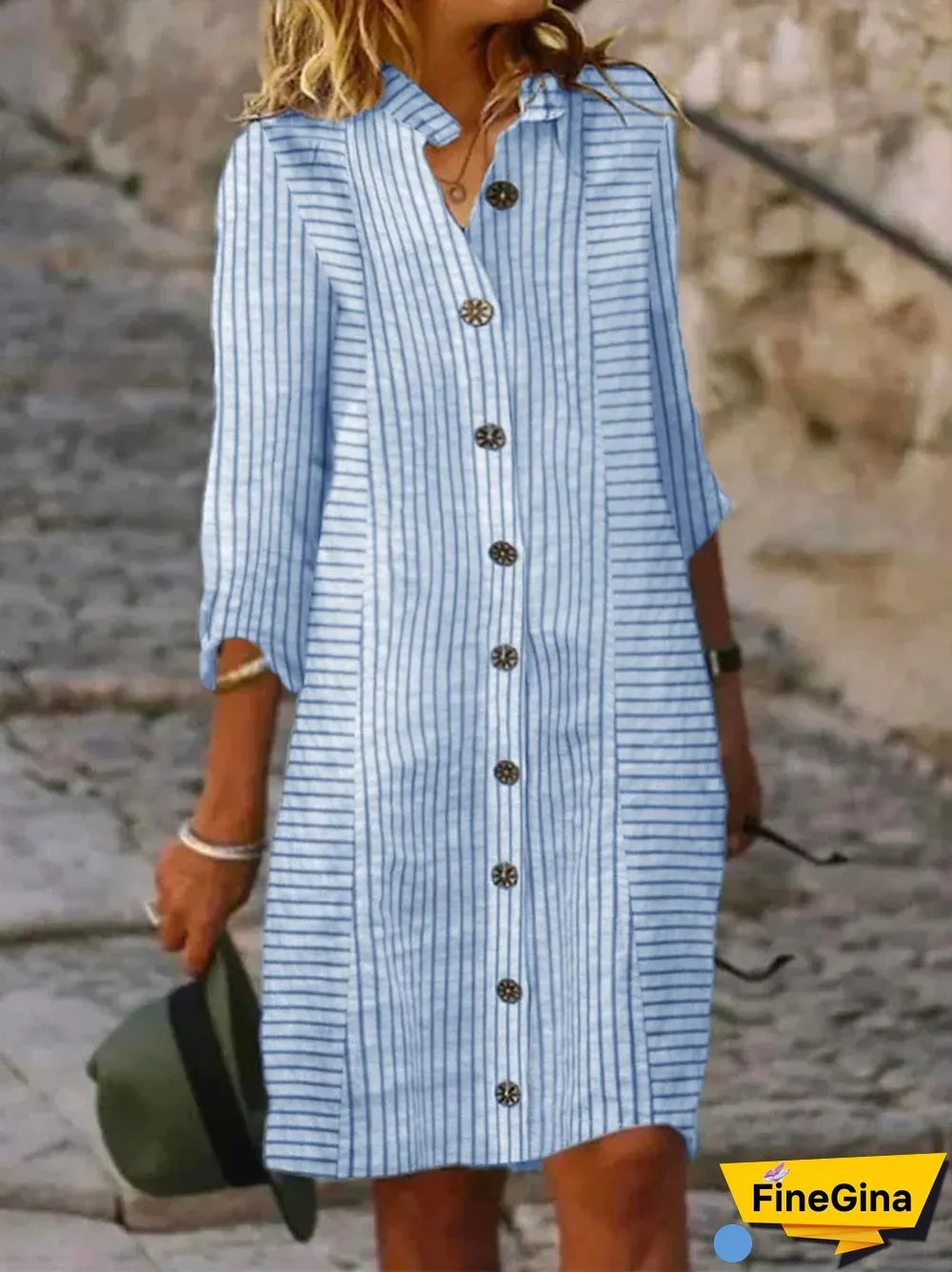 Women's Striped Solid Color V-Neck Long Sleeve Maxi Dress