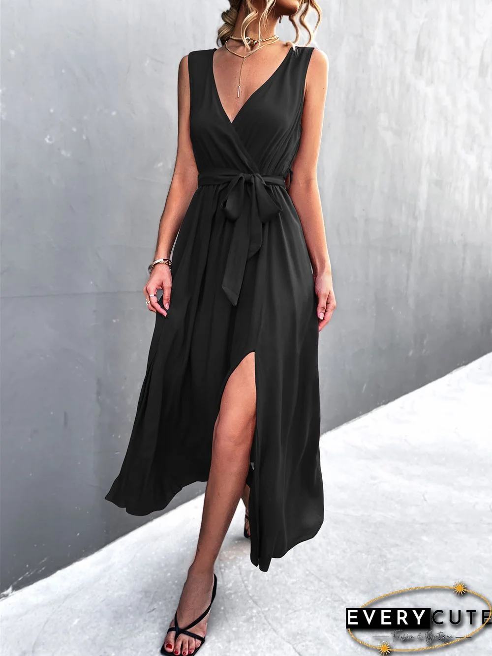 Sexy V-neck Cross Strap Sleeveless Slit Dress Black Dresses
