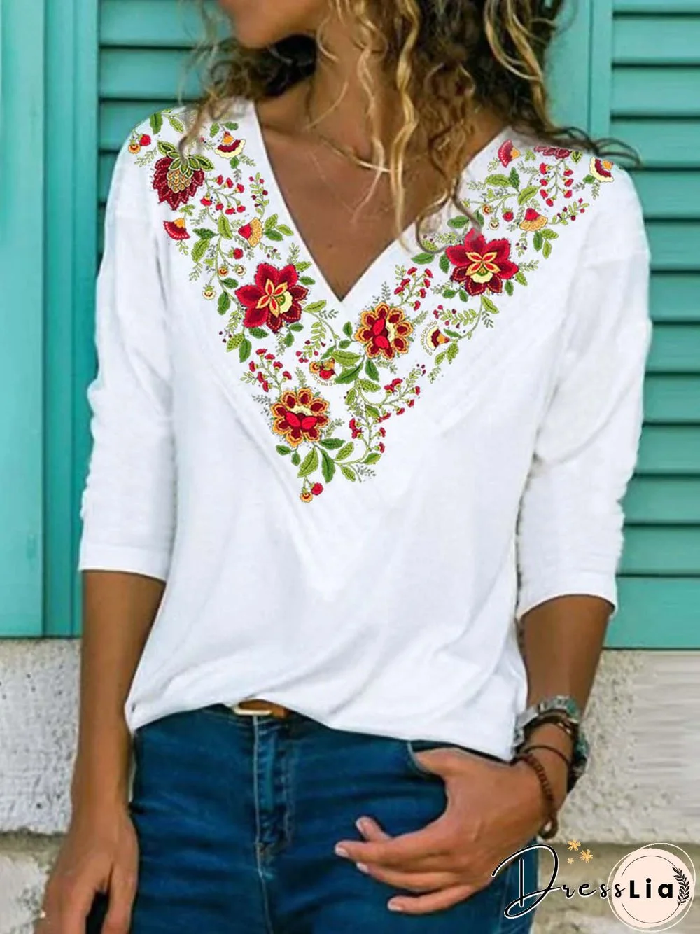 Floral Half Sleeve Printed Cotton-blend V neck Vintage Summer White Top
