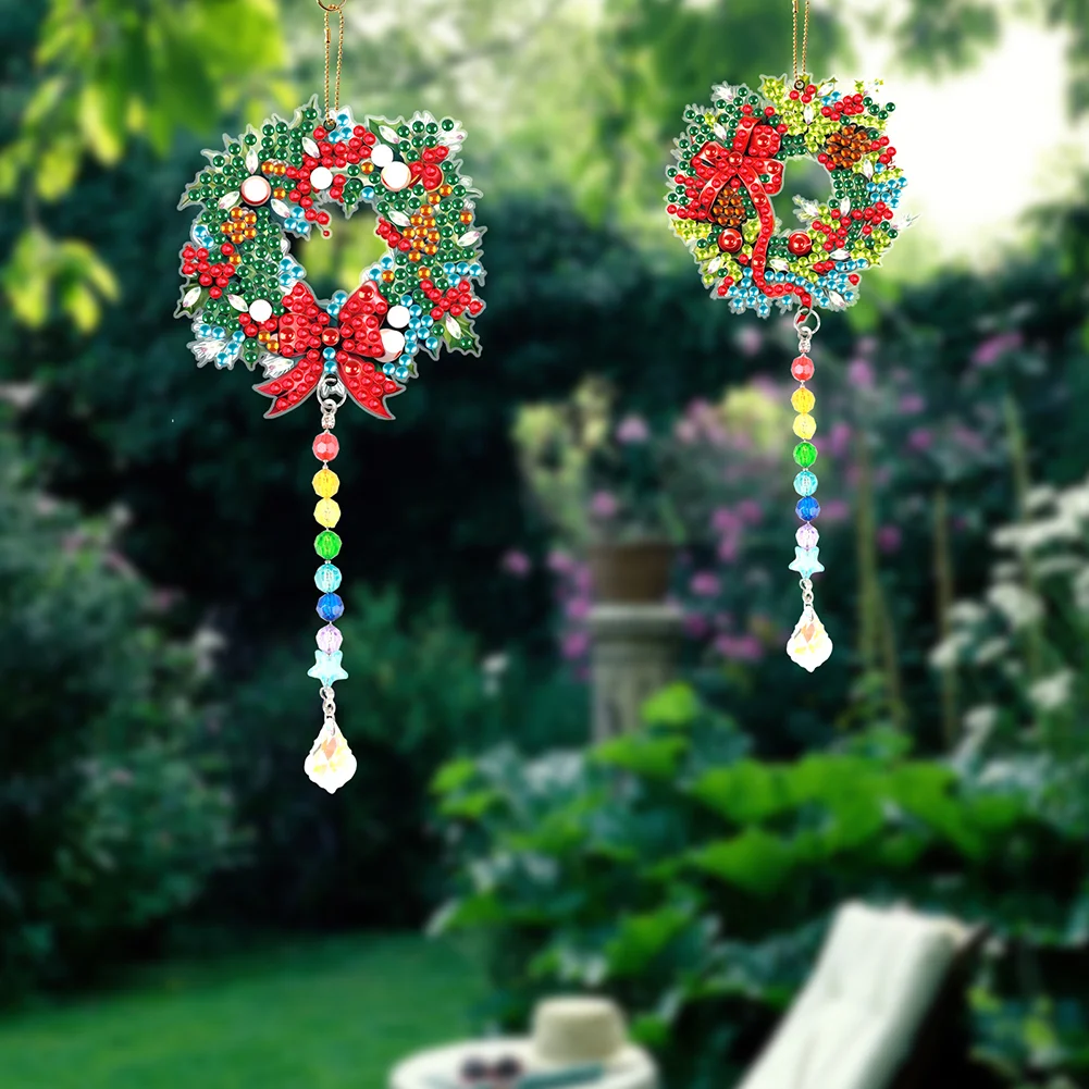 2pcs DIY Wreath Suncatcher Diamond Painting Art Pendant Christmas Home Windows Decor