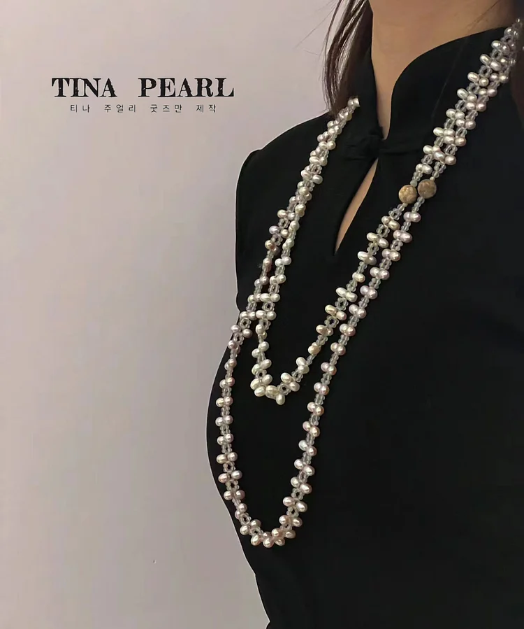 TINA Jewelry Freshwater pearl + Moonstone woven necklace.