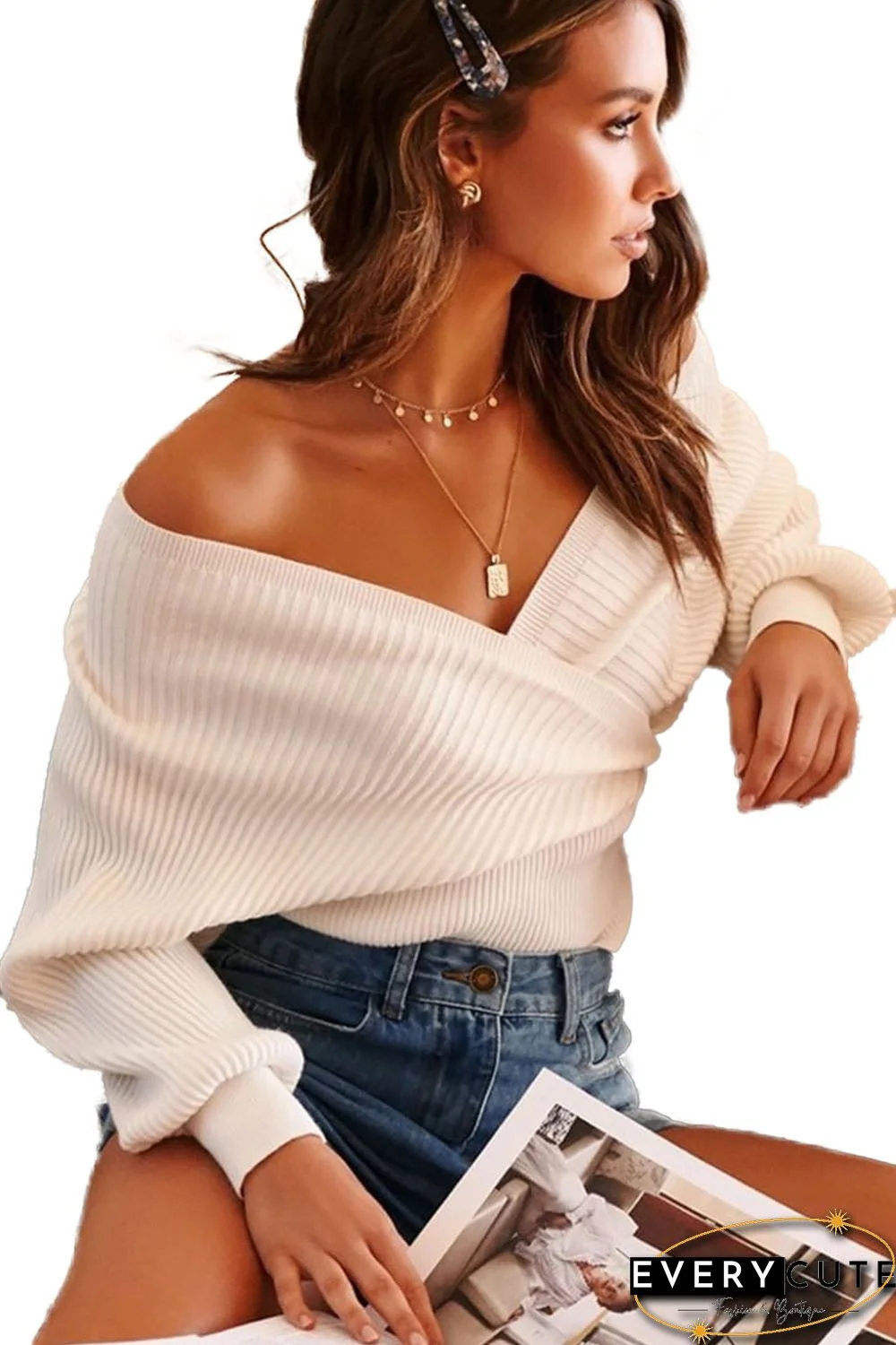 White Wrap V Neck Knit Sweater Top