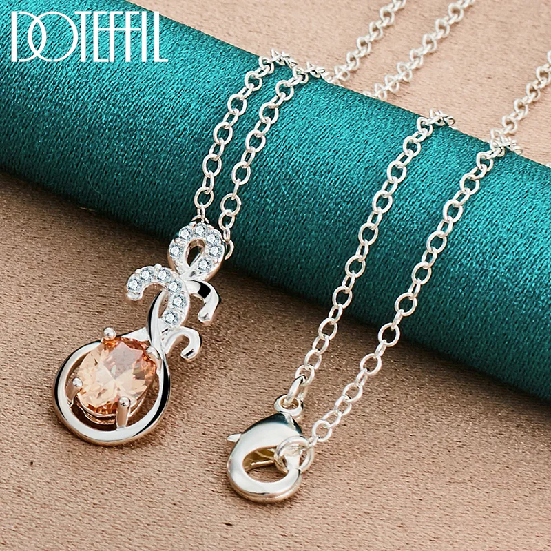 DOTEFFIL 925 Sterling Silver AAA Orange Zircon Pendant Necklace 18-30 Inch Chain For Woman Jewelry