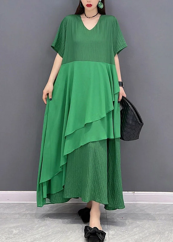 Modern Green V Neck Asymmetrical Patchwork Long Dress Short Sleeve