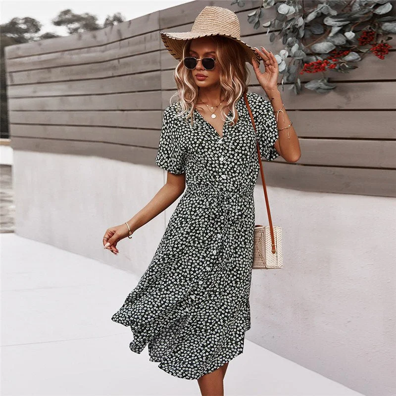 Summer Floral Polka Dot Dress Women Midi Dresses Female Casual Short Sleeve Sundress Loose Dress Holiday Beach Vestidos 2021