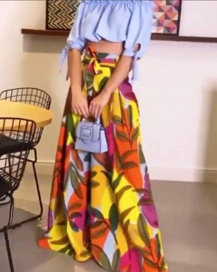 ONE-SHOULDER SOLID COLOR TOP PRINTED PANTS TWO-PIECE SET