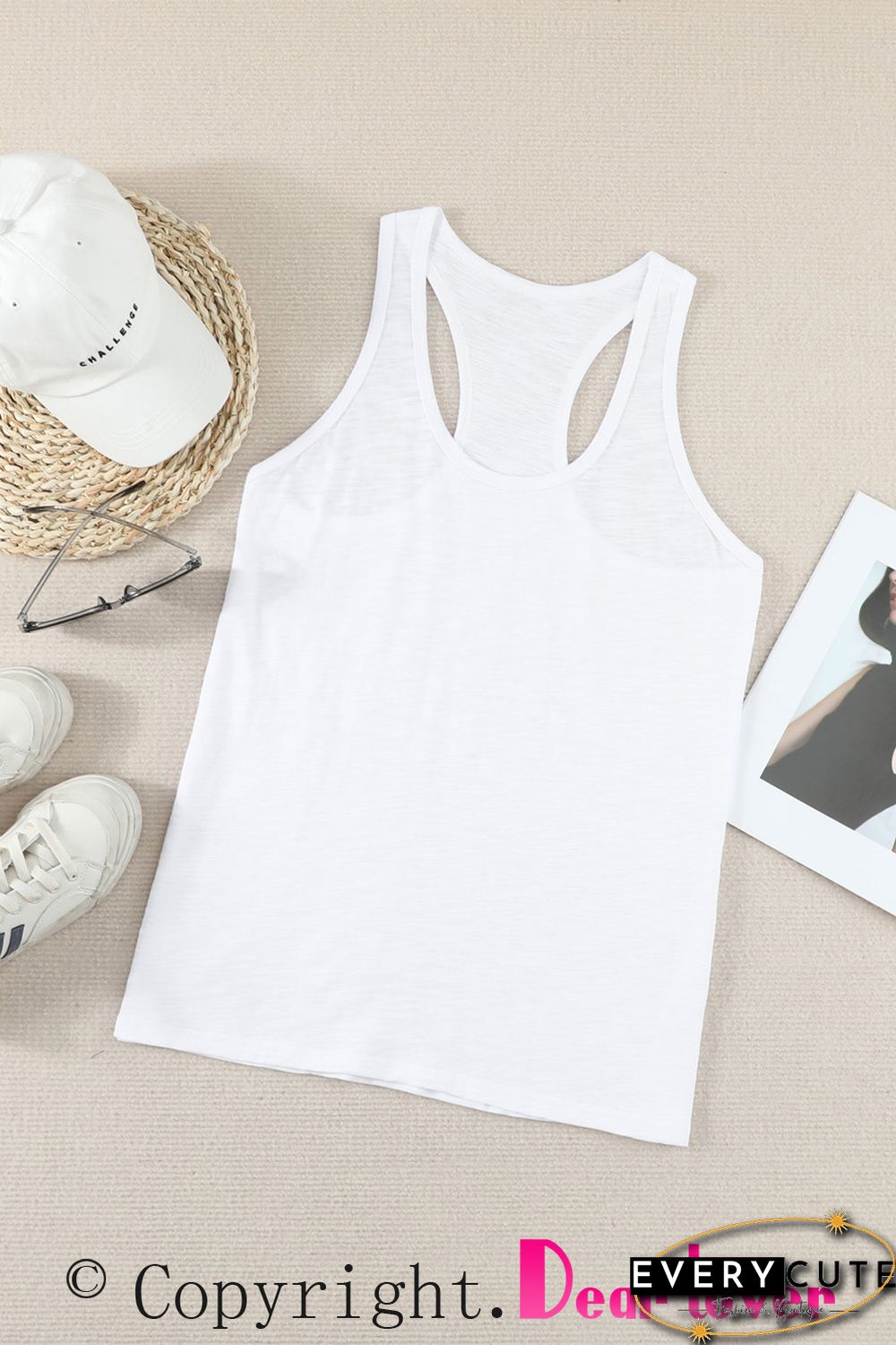Blank Apparel - White Scoop Neck Basic Solid Tank Top