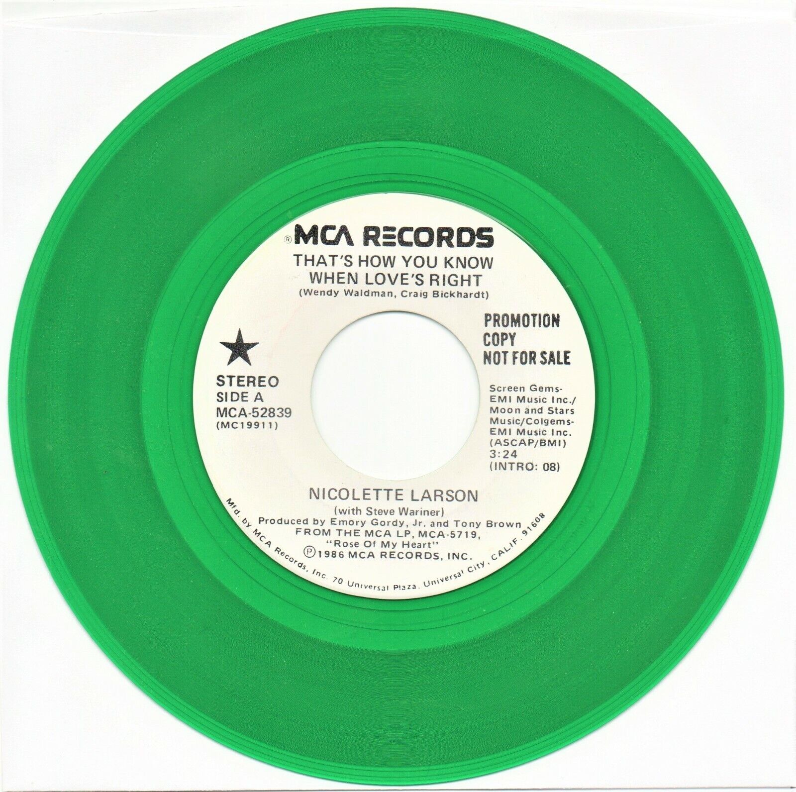 Nicolette Larson That's How you Know When Love's Right Green Vinyl Promo as pic.