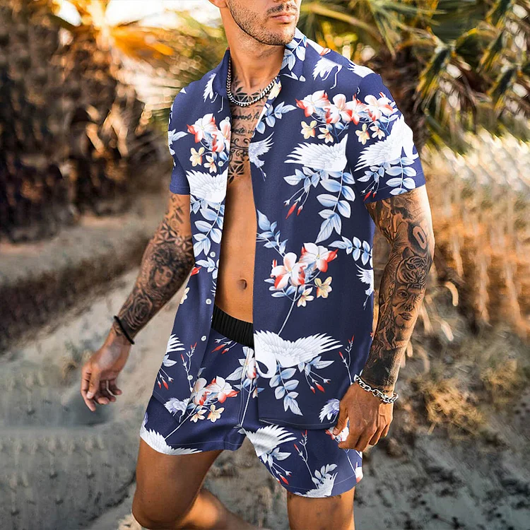 Men Swimsuit Floral Print Swimwear Two-Piece Suits