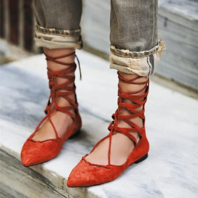 Women's Orange Red Dress Shoes Retro Pointed Toe Ballet Strappy Flats |FSJ Shoes