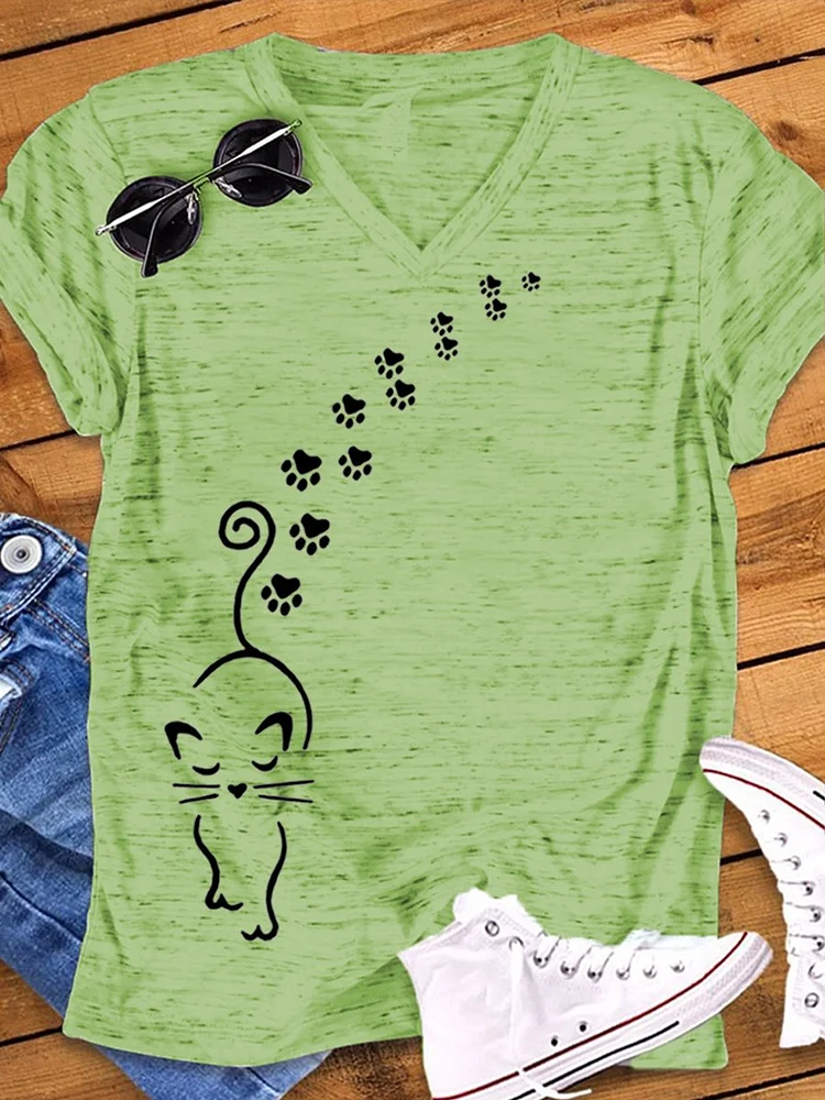 Women's Cute Cat Paw Print Snowflake Dot T-Shirt socialshop