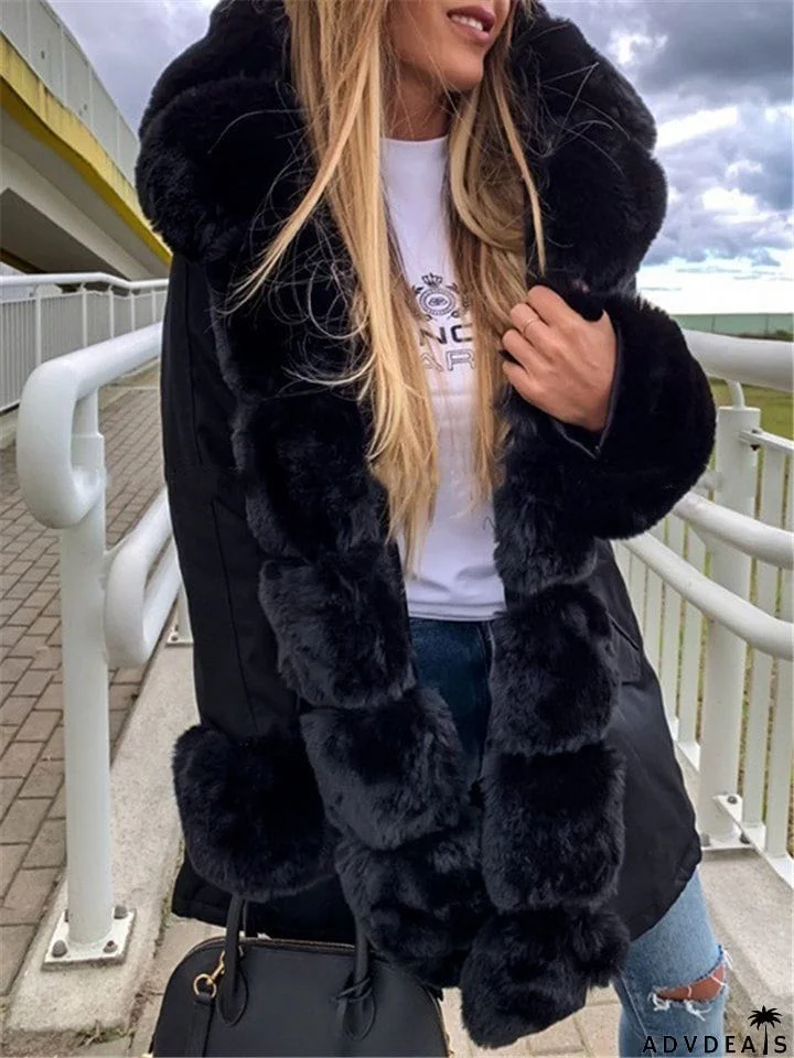 Women Casual Trendy Faux Fur Collar Hooded Parka Coat With Pockets