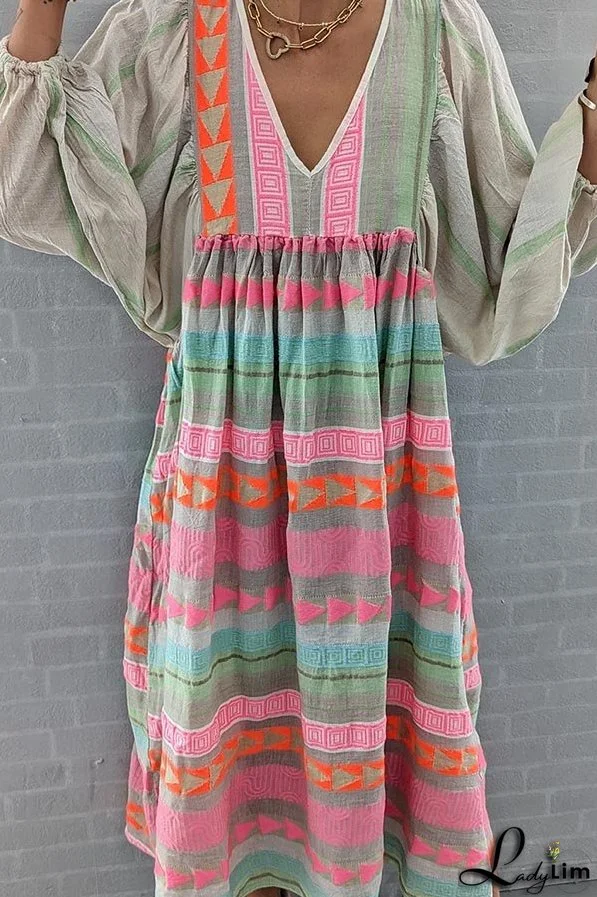 Pink Greek Key and Orange Chain Striped Print Midi Dress