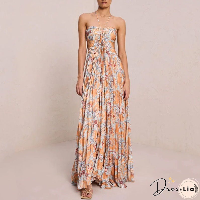 Summer New Print Sexy Hanging Neck High Grade Elegant Backless Pleated Dress