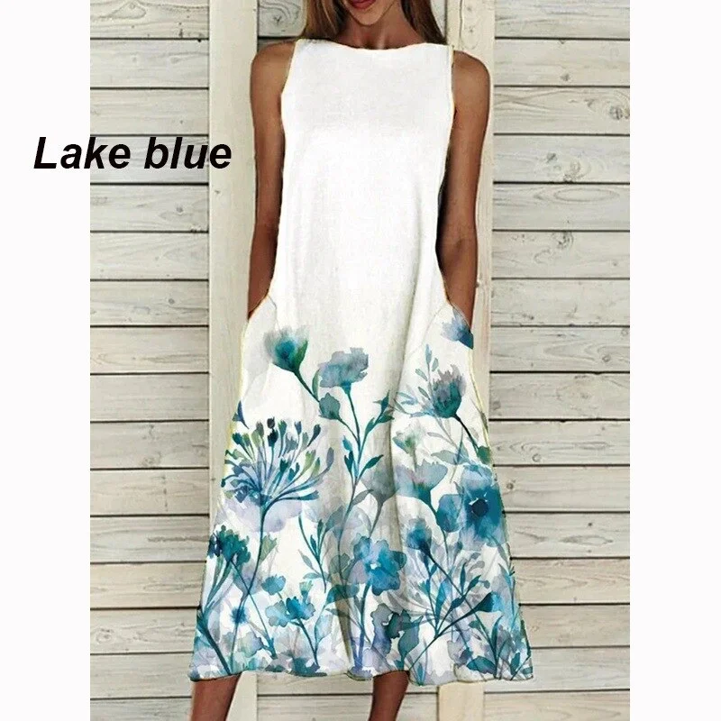 Dress 2022 O Neck Flower Print Summer Dresses For Women Fashion Pocket Sleeveless Dress Female Casual Loose Party Dress