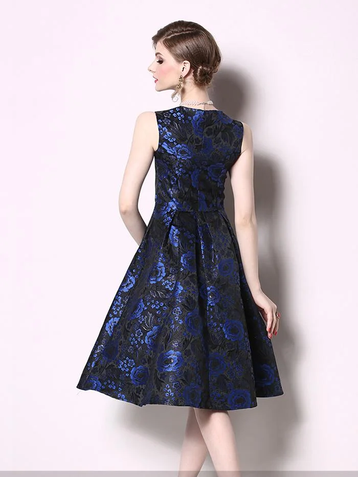 Temperament color big swing sleeveless vest jacquard dress