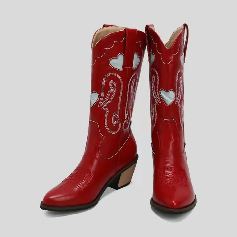 Red Faux Leather Embroidered Western Boots for Women with Heart Inlay