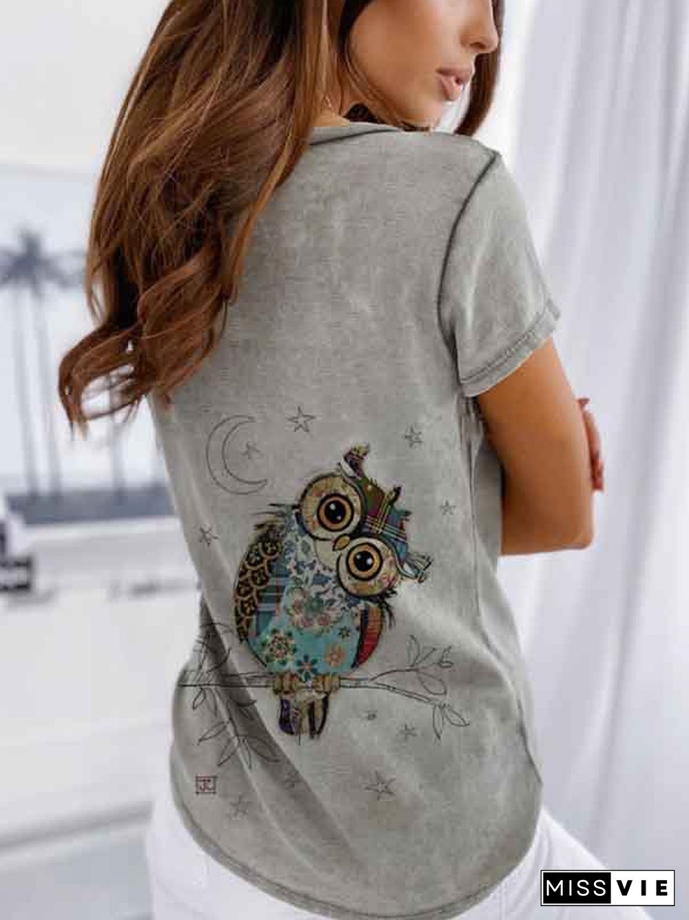 Gray Vintage V Neck Animal Cotton T-shirt