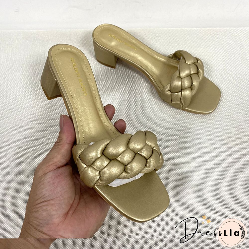 Summer Solid Weave Women Square Heel Sandal Fashion Thick High Heels Gladiator Outdoor Party Slides Ladies Sandals Shoes