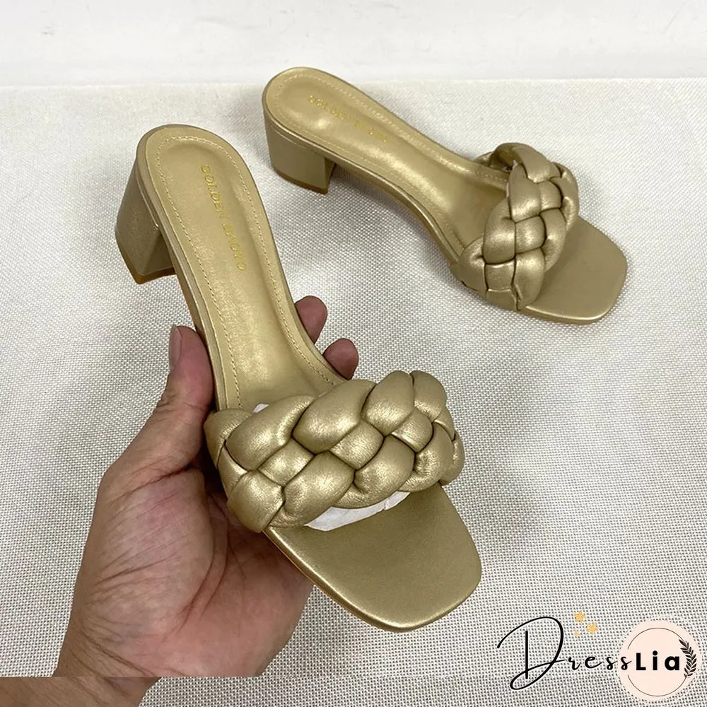Summer Solid Weave Women Square Heel Sandal Fashion Thick High Heels Gladiator Outdoor Party Slides Ladies Sandals Shoes