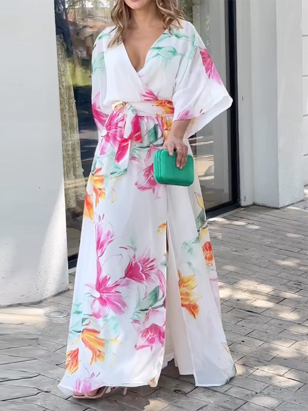 Floral Printed Loose Short Sleeves V-Neck Maxi Dresses