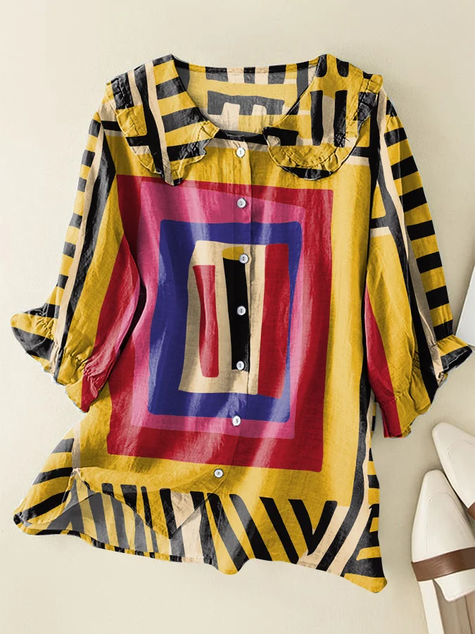 Vintage Abstract Art Cotton and Linen Peter Pan Ruffle Collar Shirt