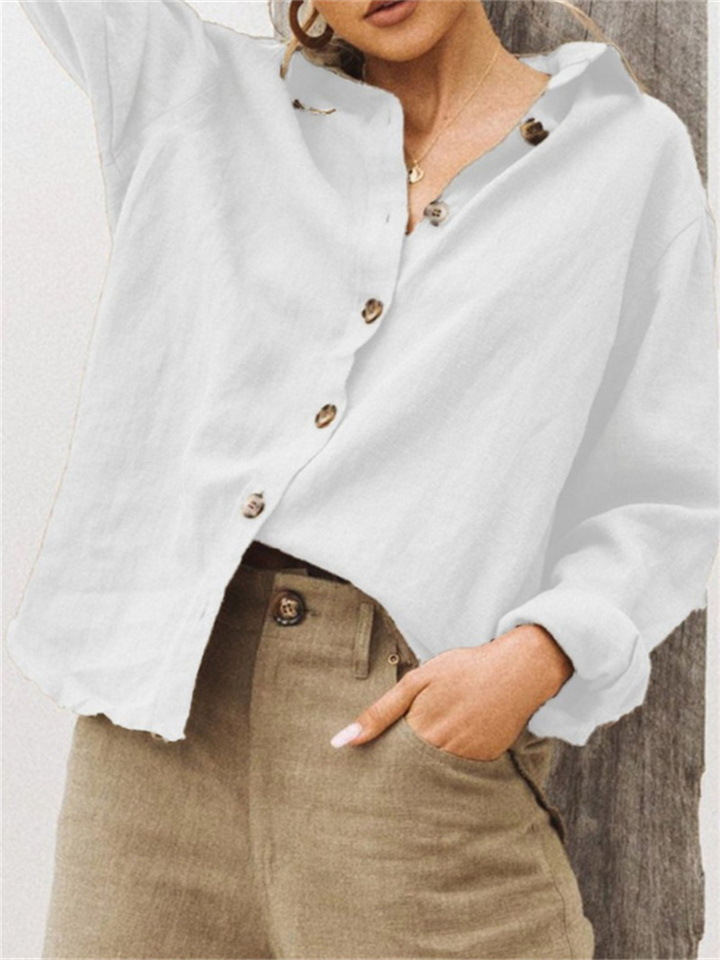 Fashion Lapel Long Sleeve Cotton Linen Loose Women's Solid Color Shirt White Black Khaki Gray Red