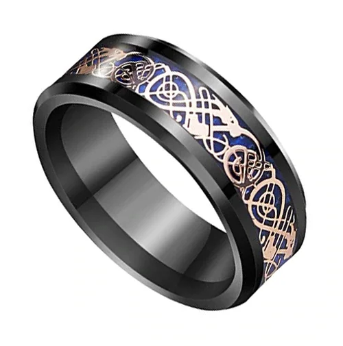 6MM 8MM Women Or Men's Tungsten Carbide Wedding Rings Celtic Dragon Knot Mens Wedding Black with Rose Gold and Blue Resin Inlay Celtic Dragon Knot