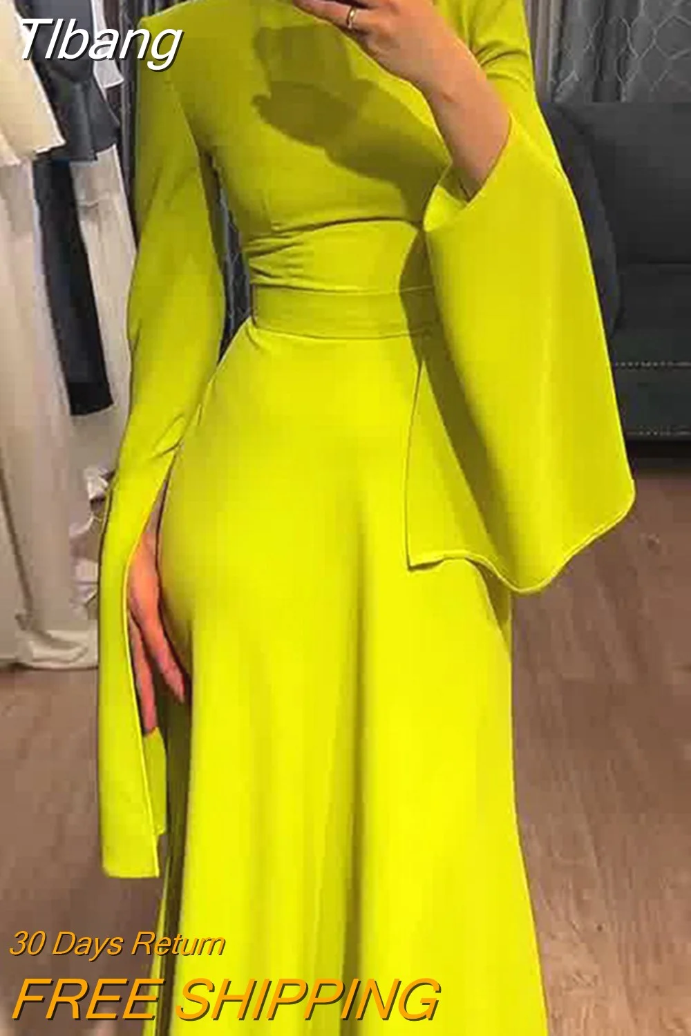 Tlbang Female Fashion Ruffle Sleeves Solid Color High-Neck Party Evening A-Line Dress 2024 New Spring Summer Casual Maxi Dresses
