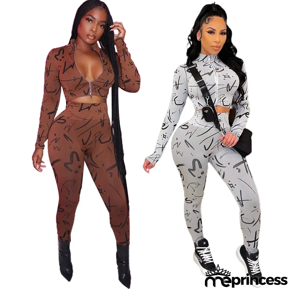 New Zipper Print Tight-fitting Long-sleeve Two-piece