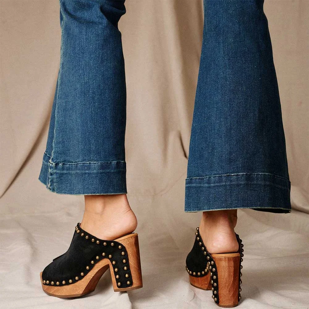 Black Peep Toe Block Heel Studded Clogs Platform Mules Sandals