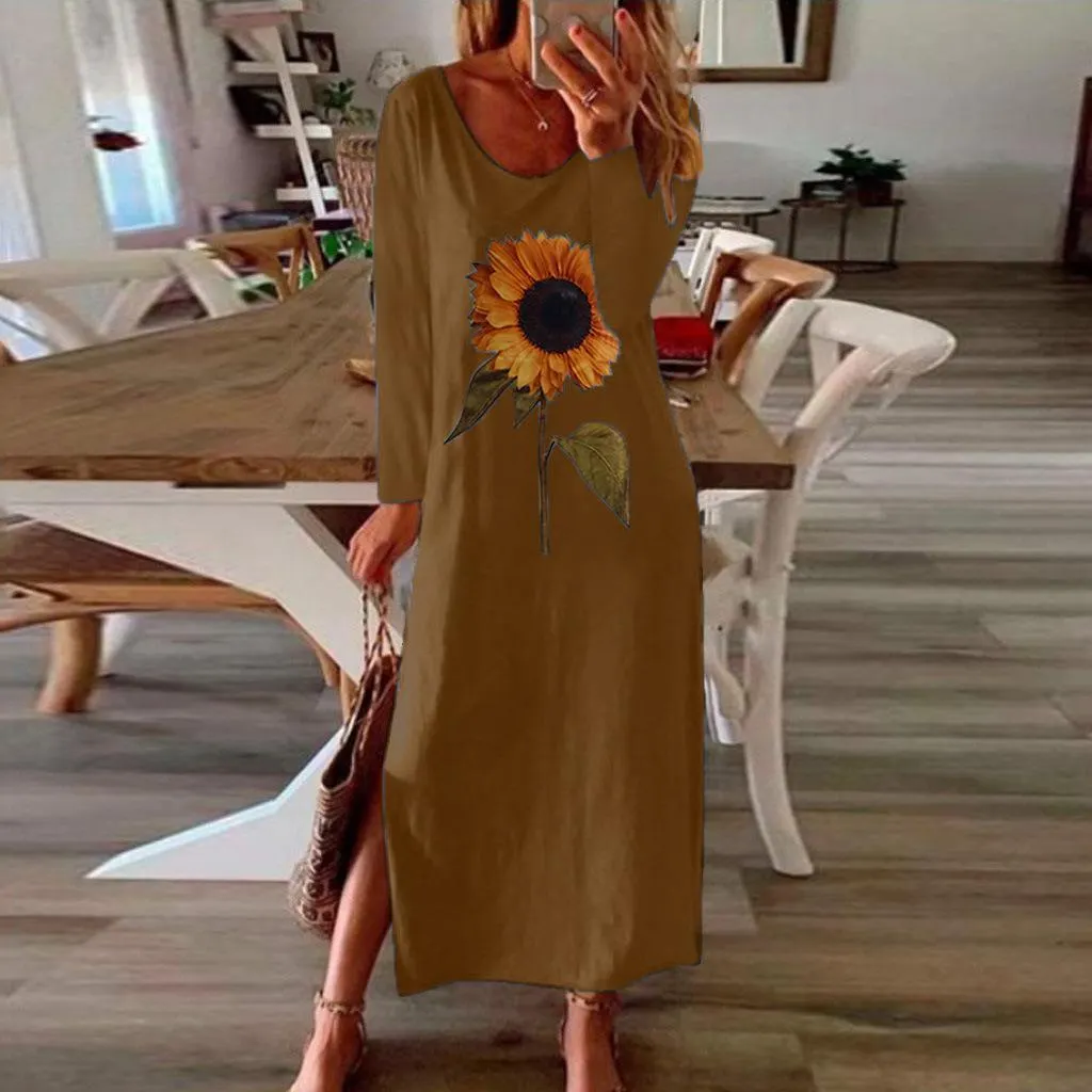 Sunflower 3D Print Split Summer Autumn Dress Women Elegant 2020 White Long Sleeve Plus Size Maxi Dresses for Women Vestidos