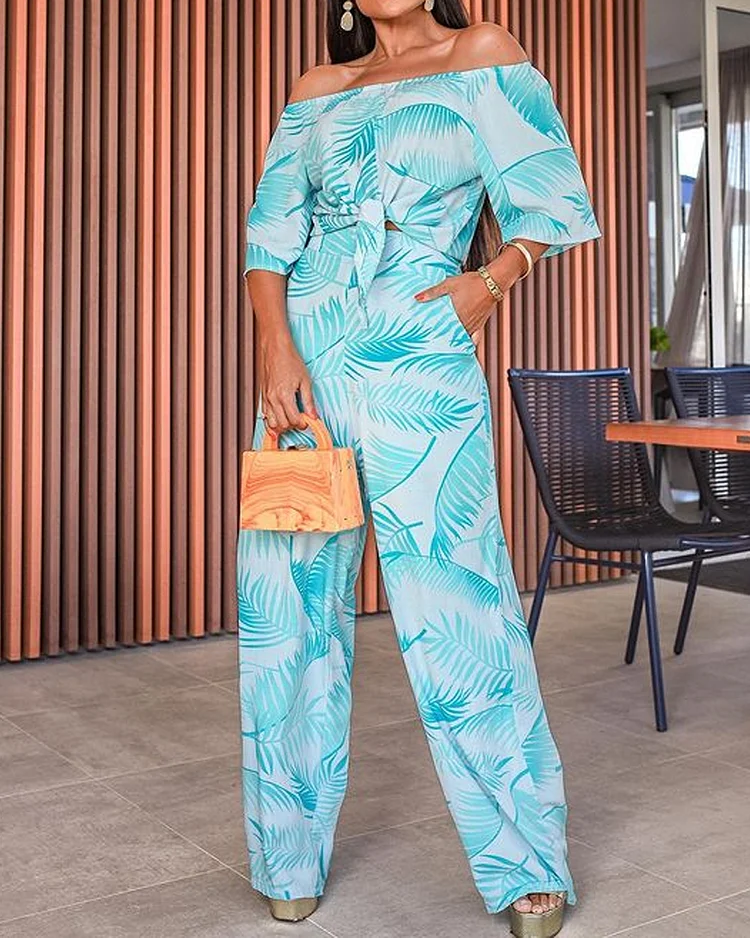 Casual Printed Off Shoulder Top & Pants Two-Piece Set