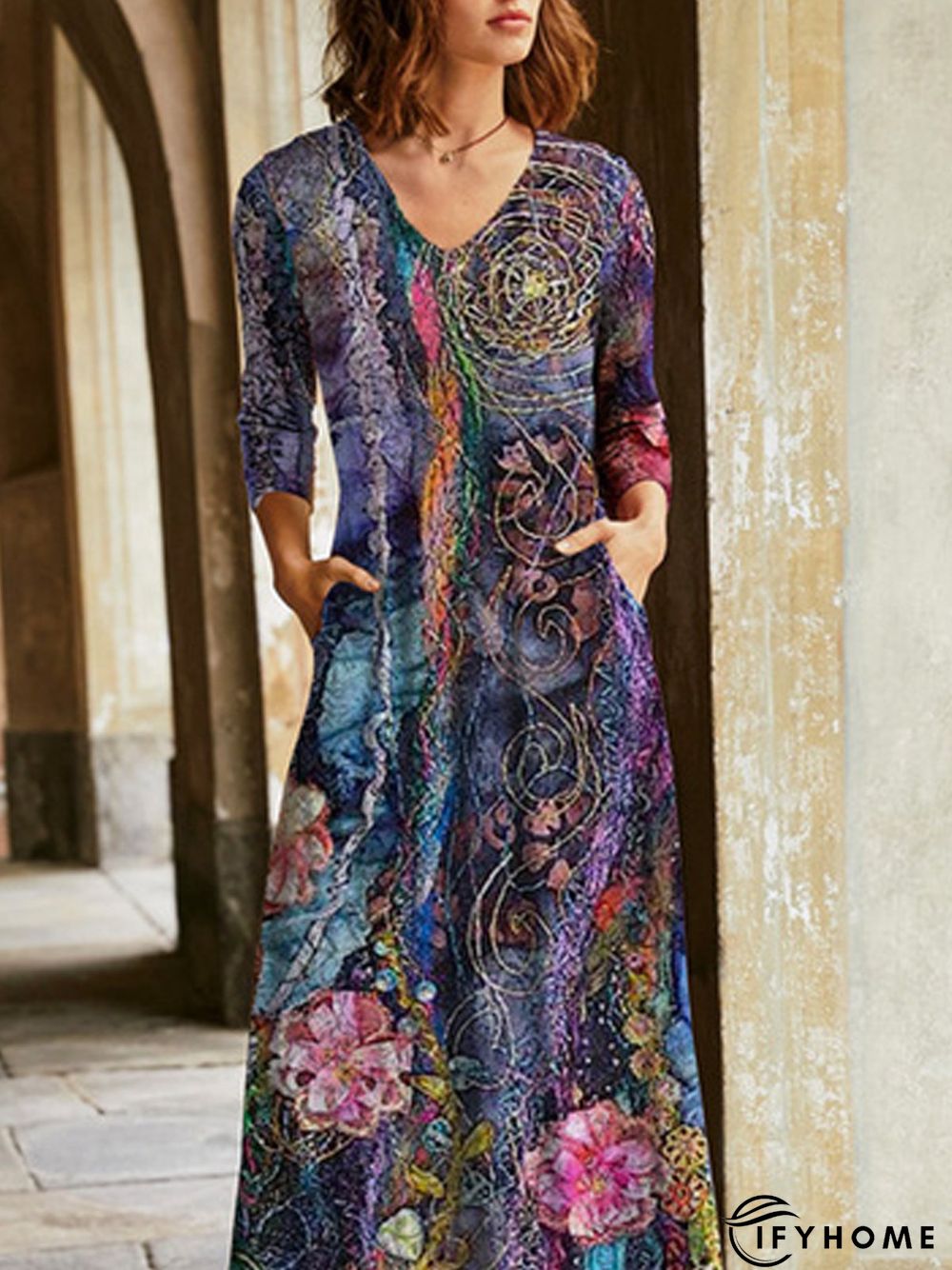 V Neck Floral Knitting Dress | IFYHOME