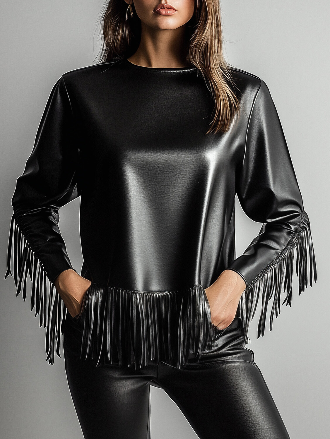 Ursime PU Leather Crew Neck Long Sleeve Fringe Blouse