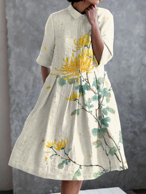 Vintage Chrysanthemum Art Print Casual Pocket Half Sleeve Dress