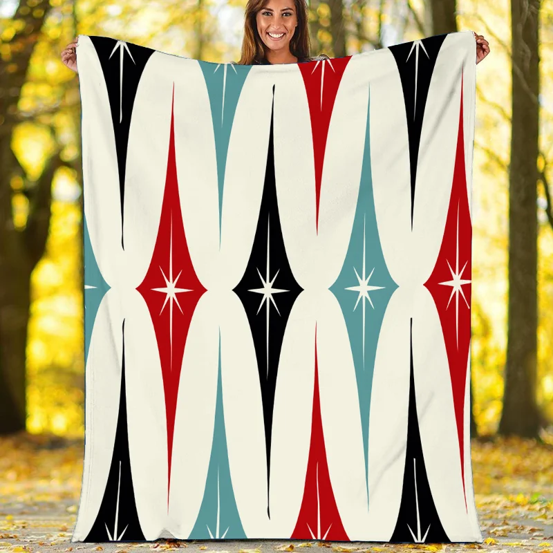 MCM Geometric Abstract Retro Red Gray Black Mustard Brown and Green Sherpa Fleece Blanket