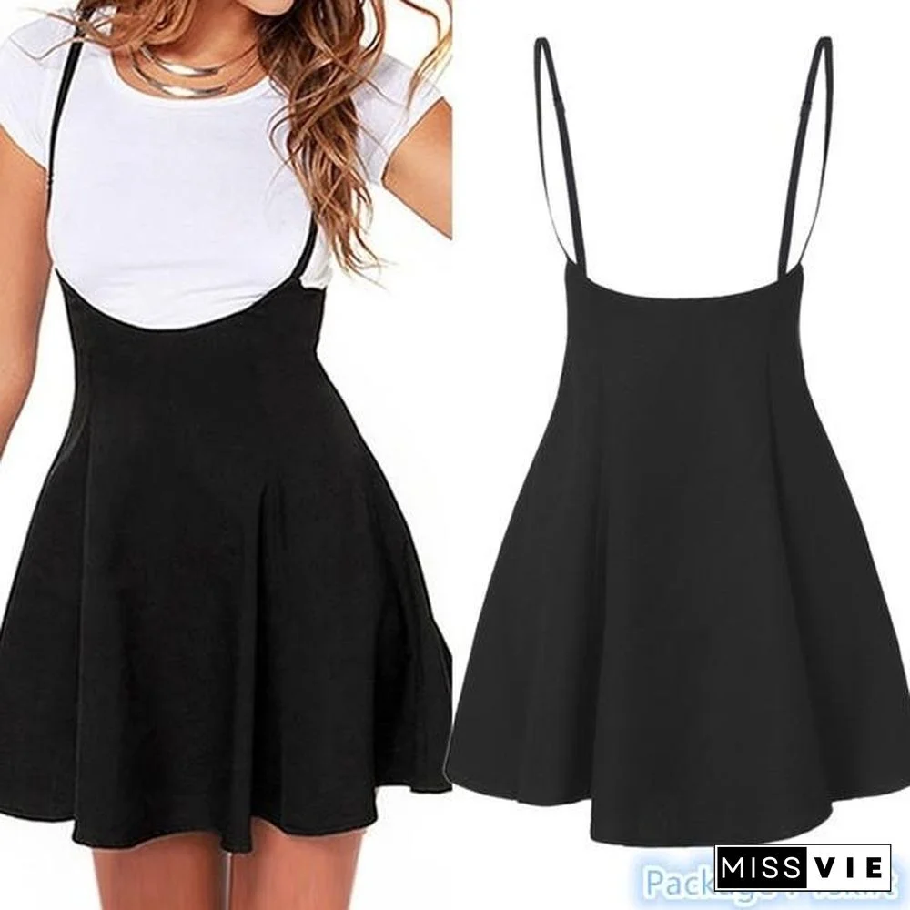 New Women Fashion Strappy Black Dress Pleated Mini Short Skirts A Line Brace Skirt